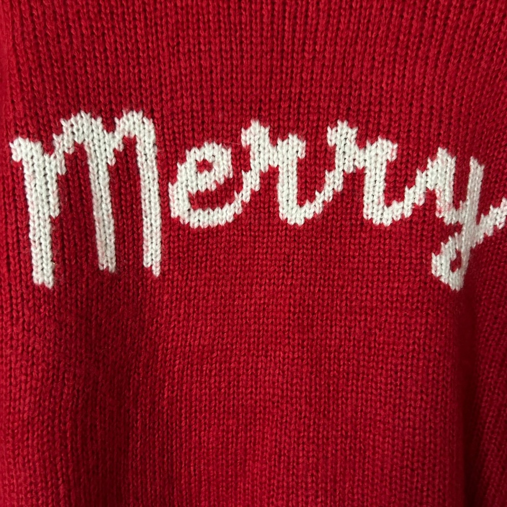 Wooden Ships Sweater Acrylic Mohair Wool Red Merry Knit Holiday Sweater Size XS - Picture 3 of 5